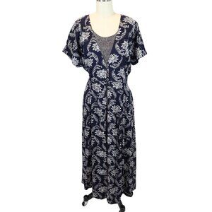 Vintage 90s Layerd Look Floral Rayon Maxi Dress Size 11/12 Navy White S Roberts